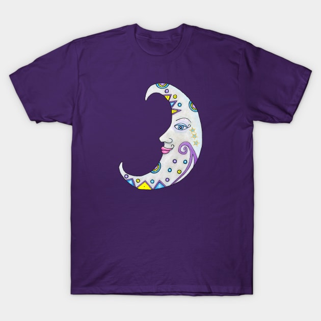 Abstract Fantasy Decorated Crescent Moon With Face T-Shirt by DeerSpiritStudio